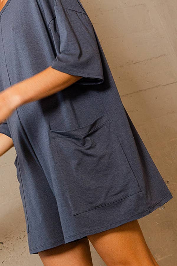 Navy Crew Neckline V-back Oversized Solid Romper