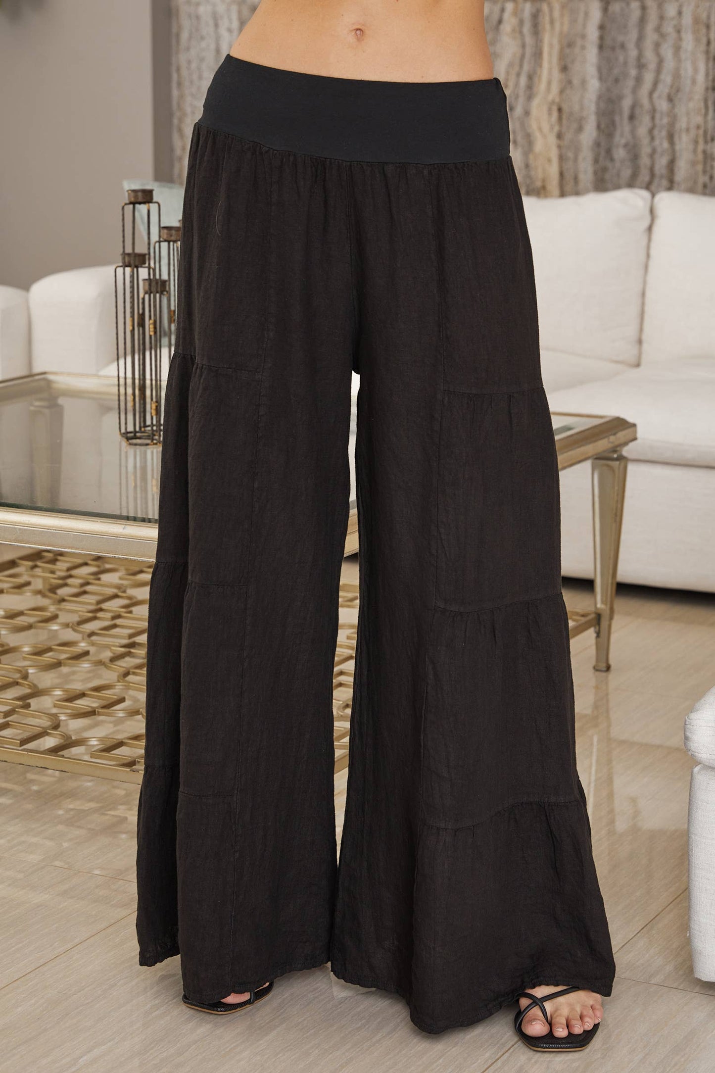 BLACK LINEN TIERED PALAZZO PANT