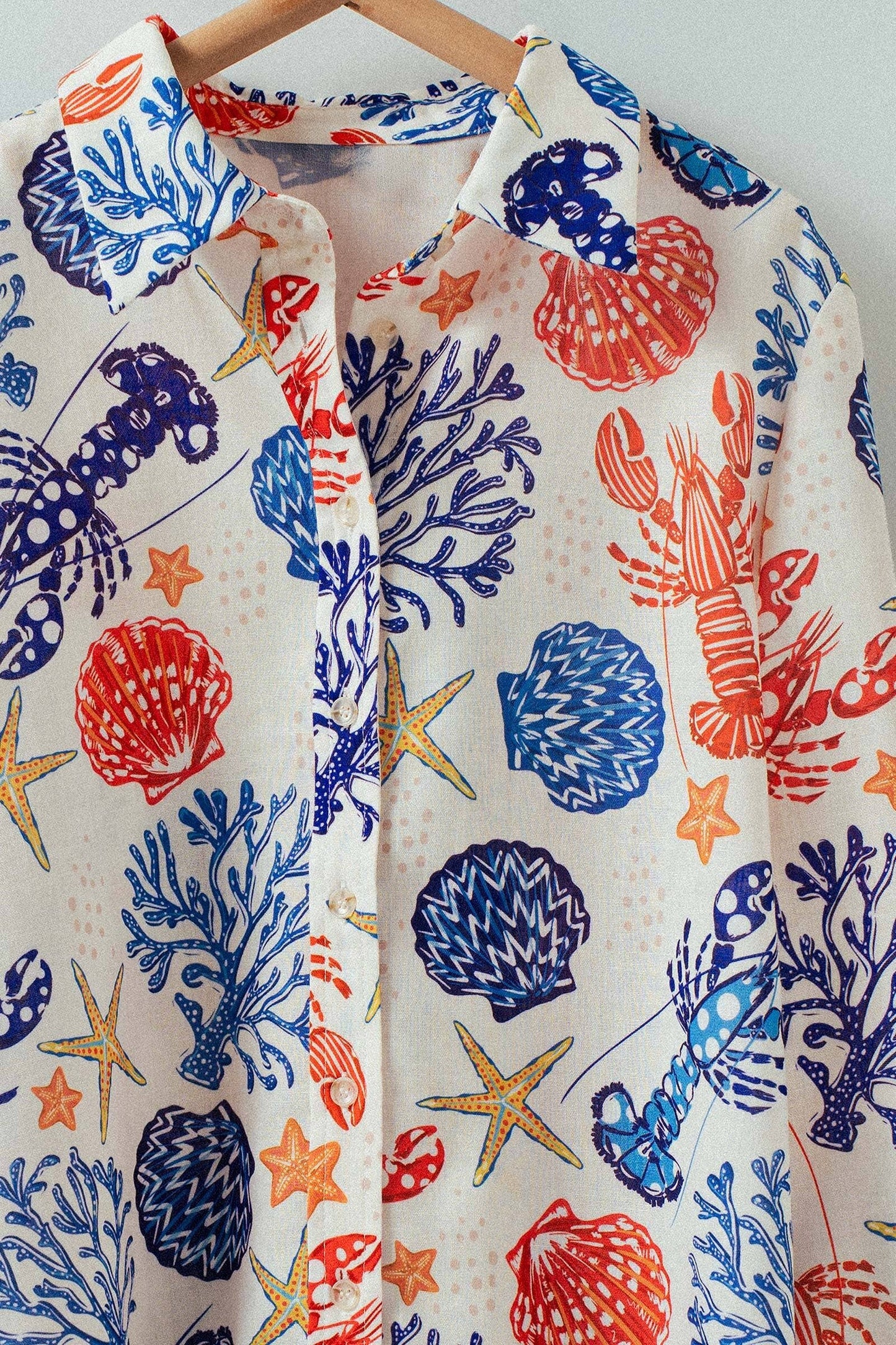 Ocean Shell & Lobster Print Relaxed Summer Shirt