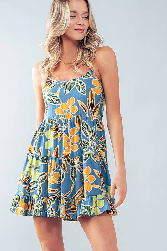 Tropical Leaf Print Tiered Mini Dress