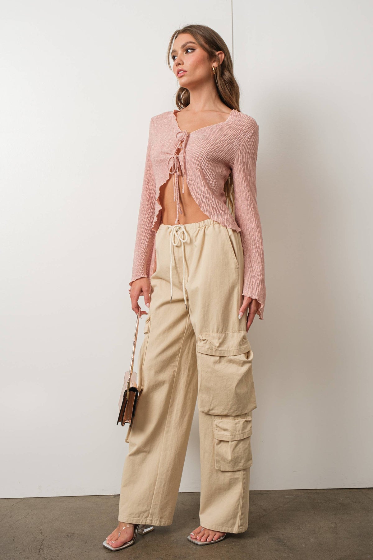 Pink TEXTURED BELL SLEEVE TOP