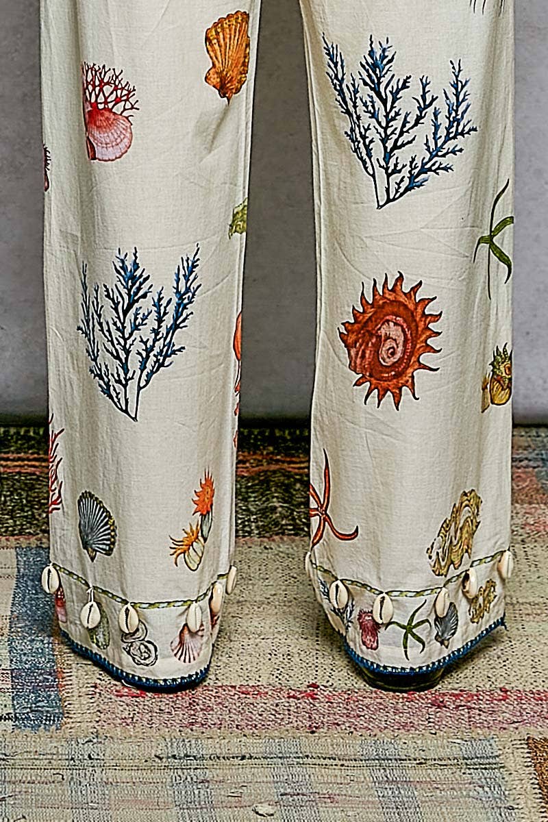 Sea-Inspired Print Shell Trim Contrast Stitch Pants