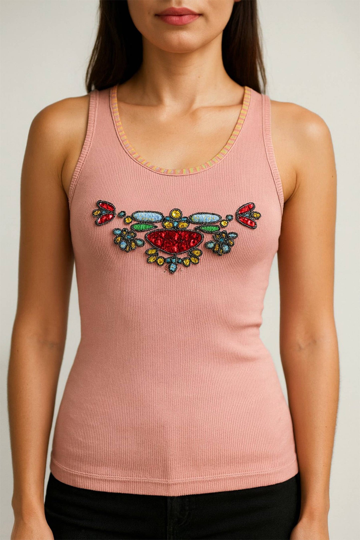 Retro Embroidered & Bead Trim Rib Tank