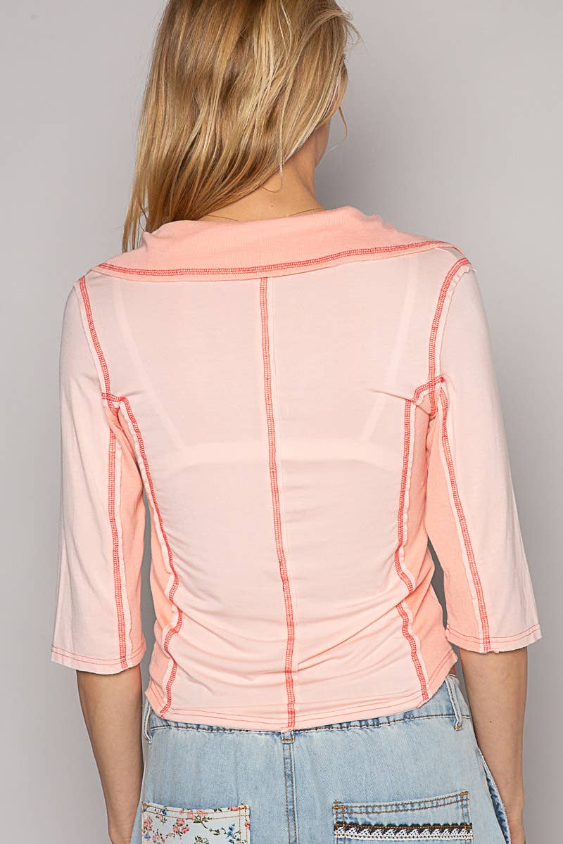 Peach Blush V-neck Collar Half Sleeve Overlock Stitch Solid Knit Top
