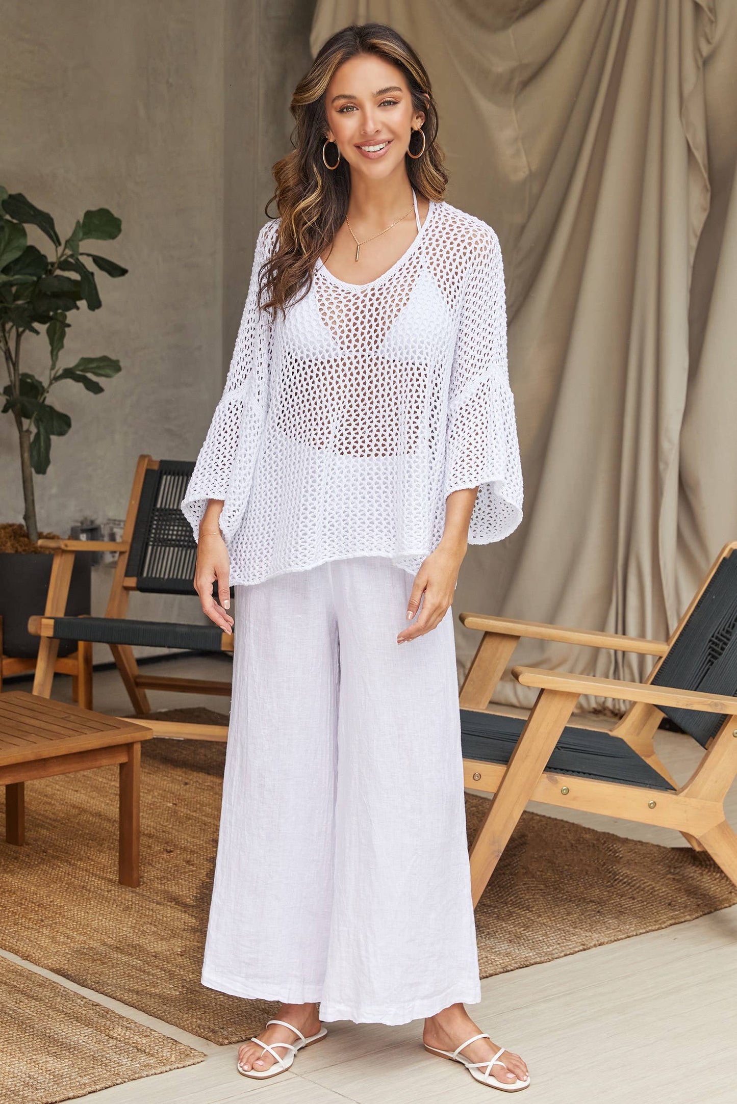 White Linen Smocked Waist Palazzo Pants