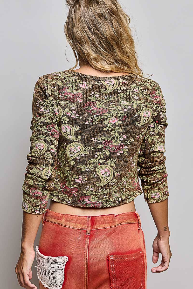 Vintage Floral Botanical Print Ribbed Knit Button Cardigan