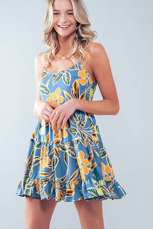 Tropical Leaf Print Tiered Mini Dress