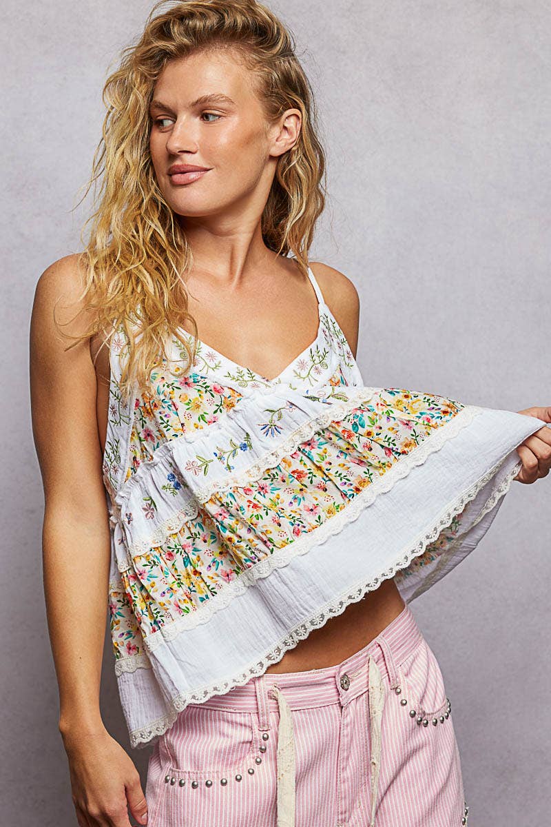 A-body Flared Fit Double Gauze Floral Embroidery Sleeveless