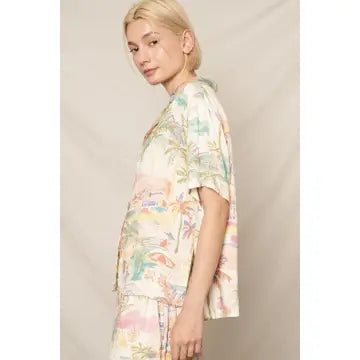 Retro Beach Print Silky Short Set