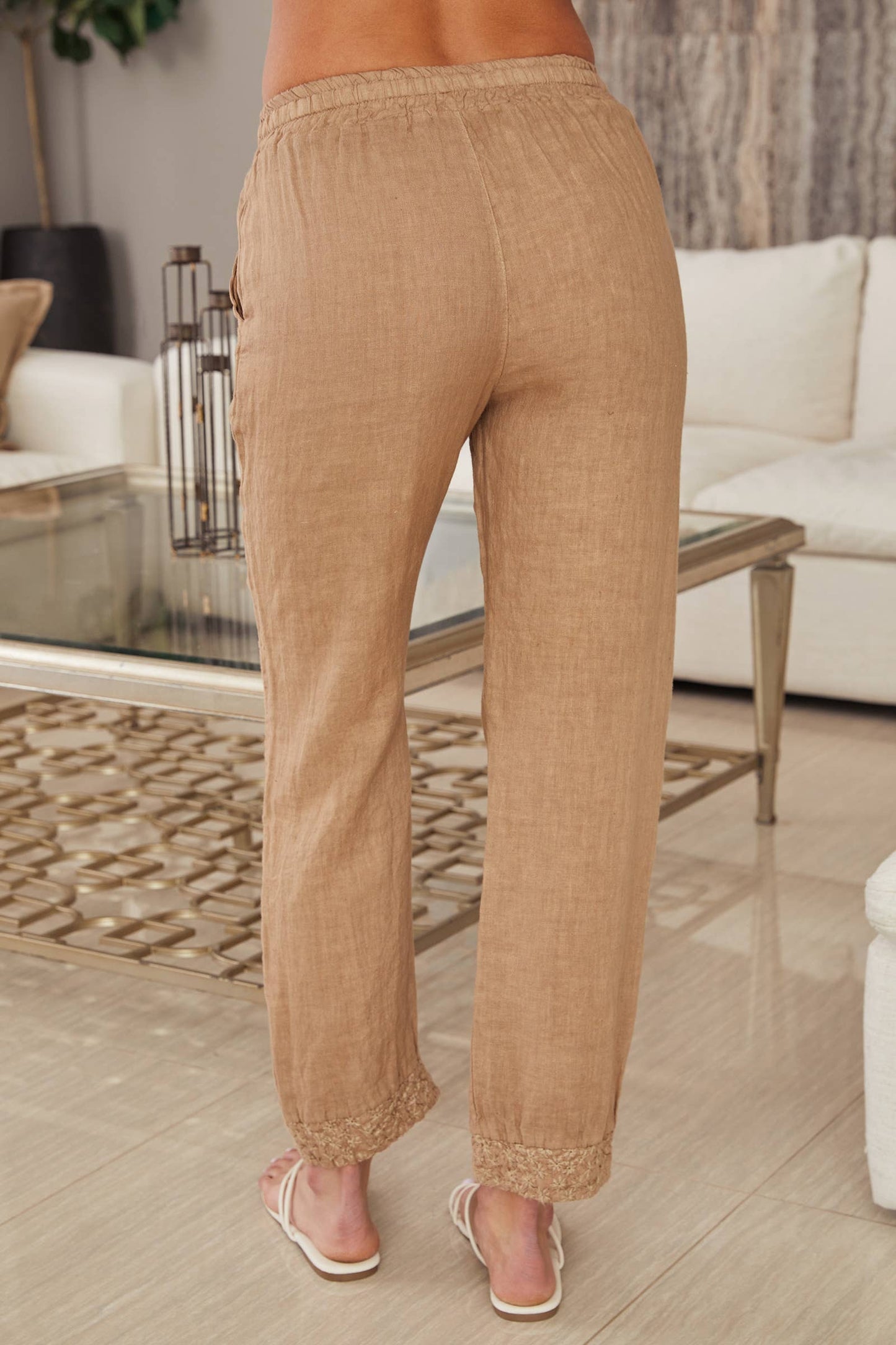 Camel Linen Embroidered Pants