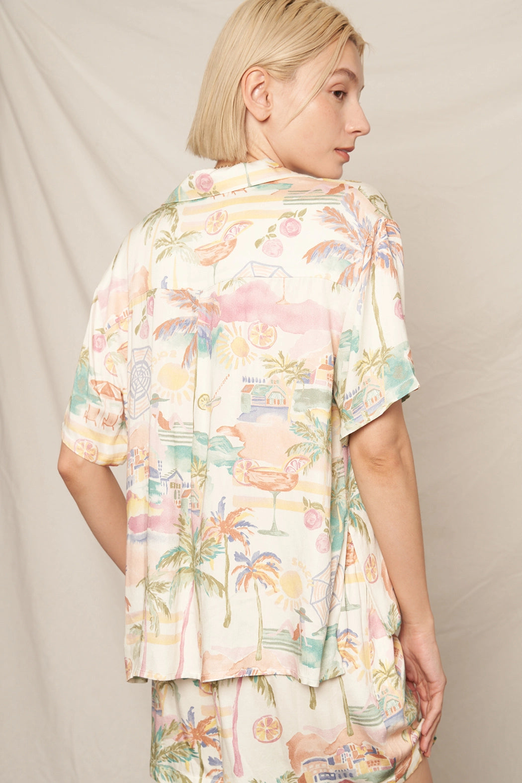 Retro Beach Print Silky Short Set