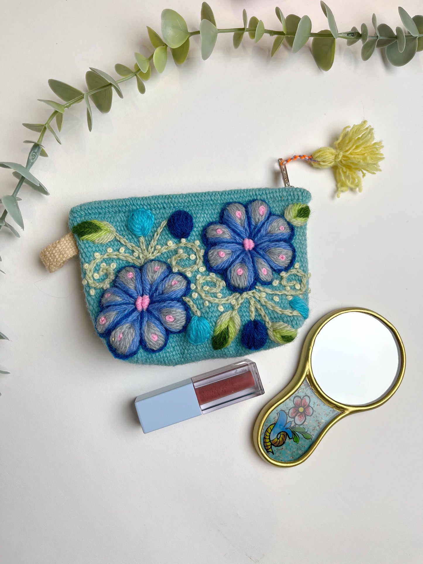Hand Embroidered Small Floral Pouch