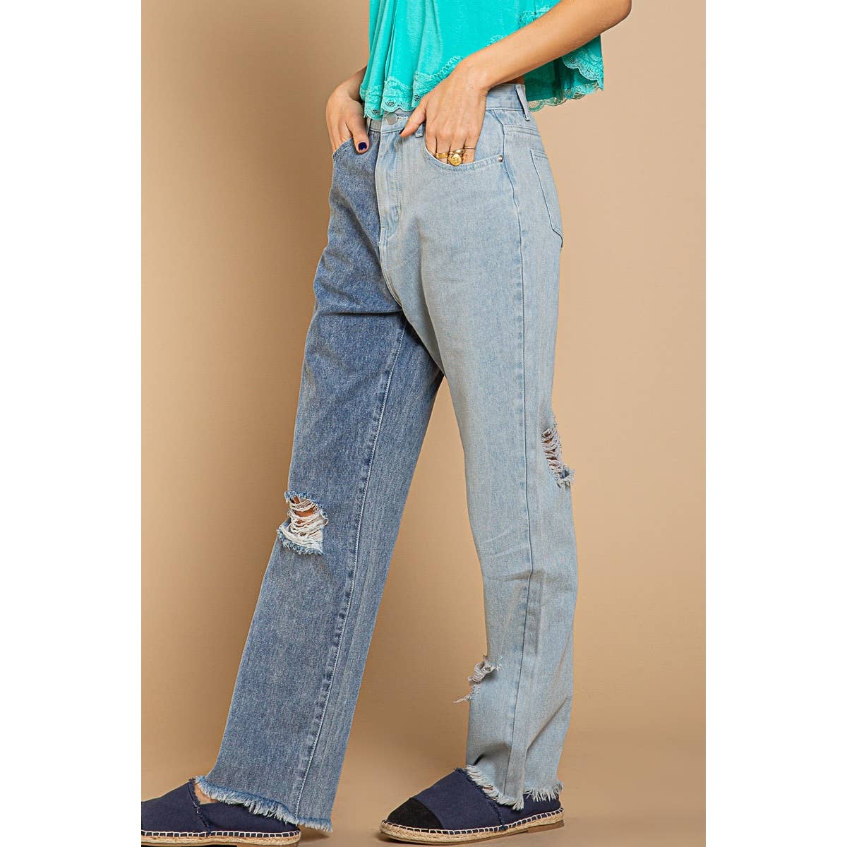 Distressed Edge Color Block Denim Pants