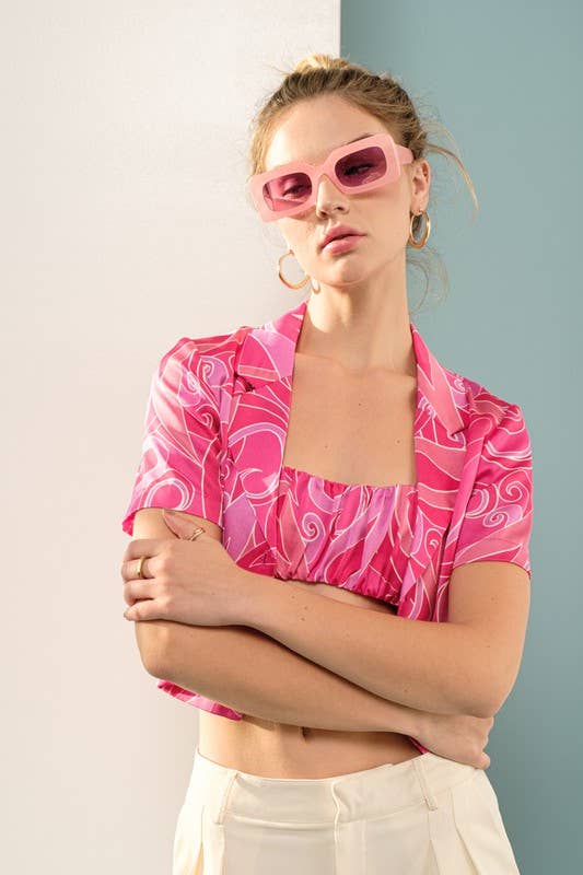 Printed Bralette And Crop Button-Up Shirt