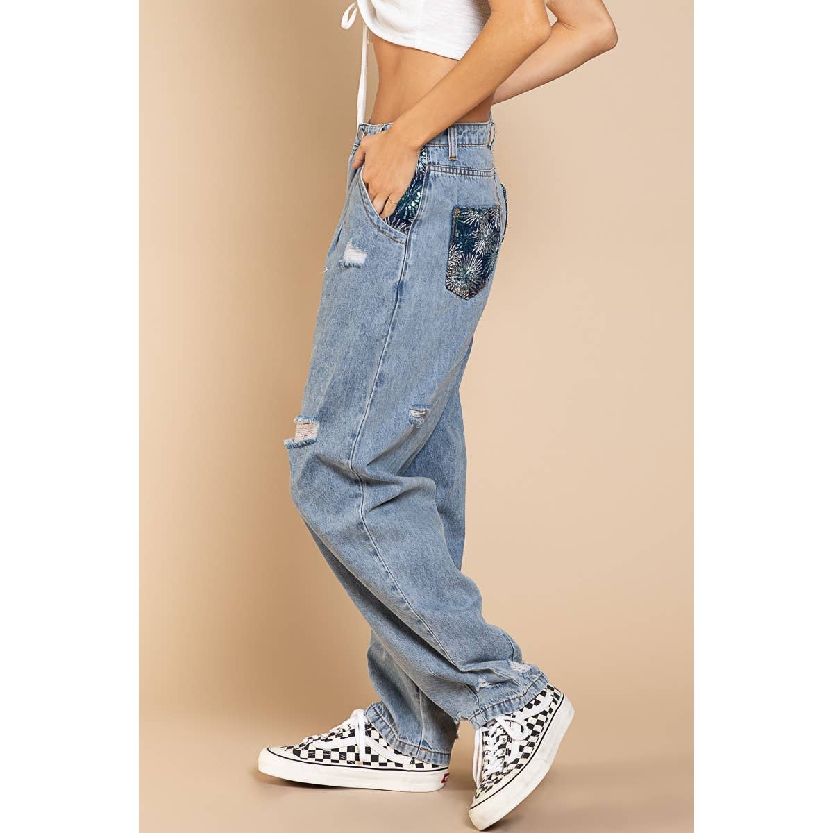 Starburst Pockets Distressed Denim Jeans