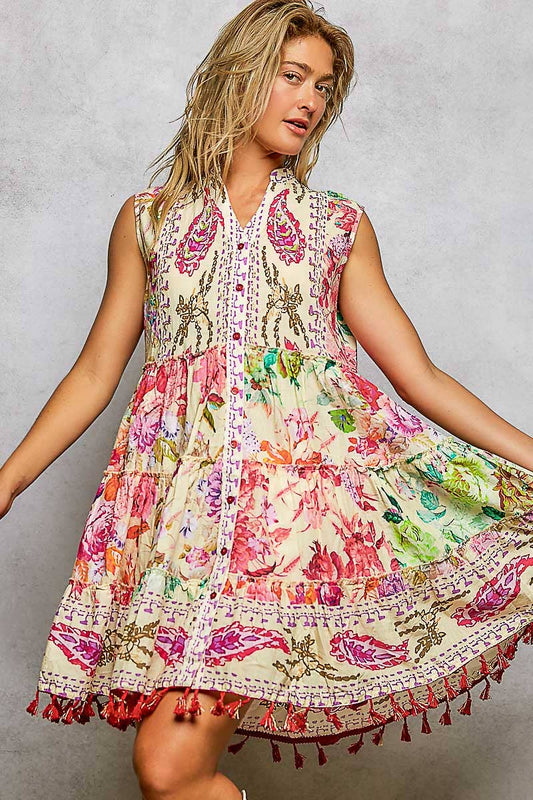 Cotton Button Closure Floral Tassel Bead Sleeveless Dress