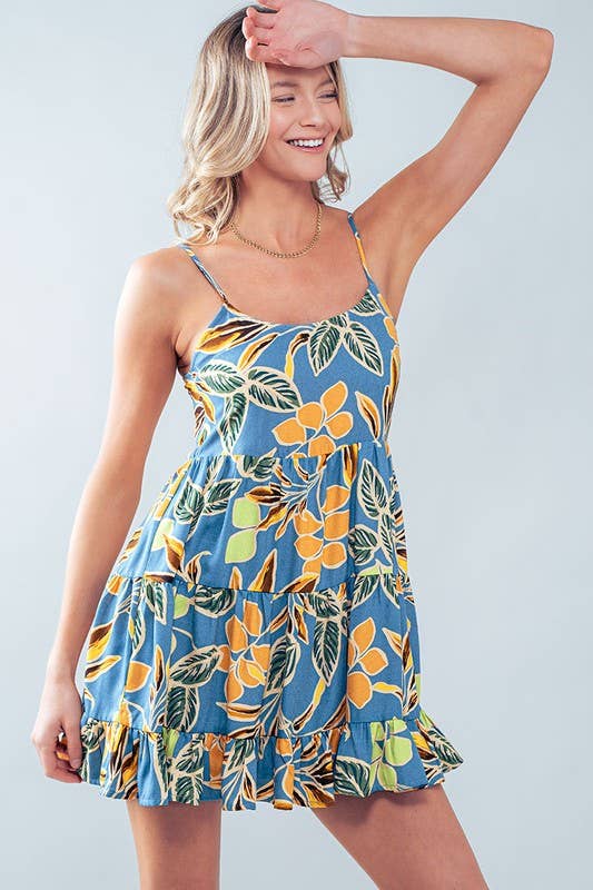 Tropical Leaf Print Tiered Mini Dress