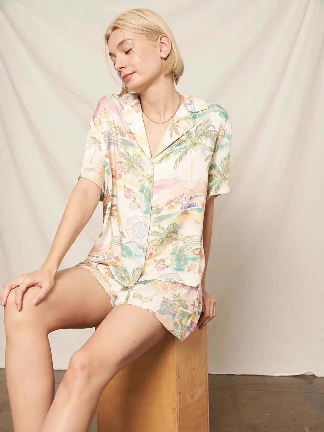 Retro Beach Print Silky Short Set