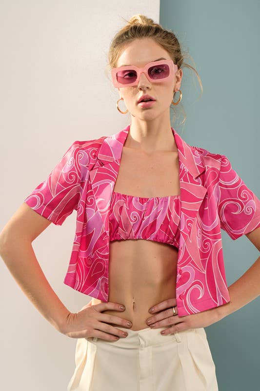 Printed Bralette And Crop Button-Up Shirt