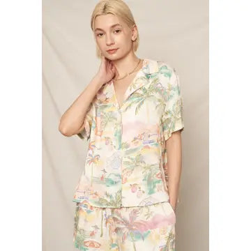 Retro Beach Print Silky Short Set