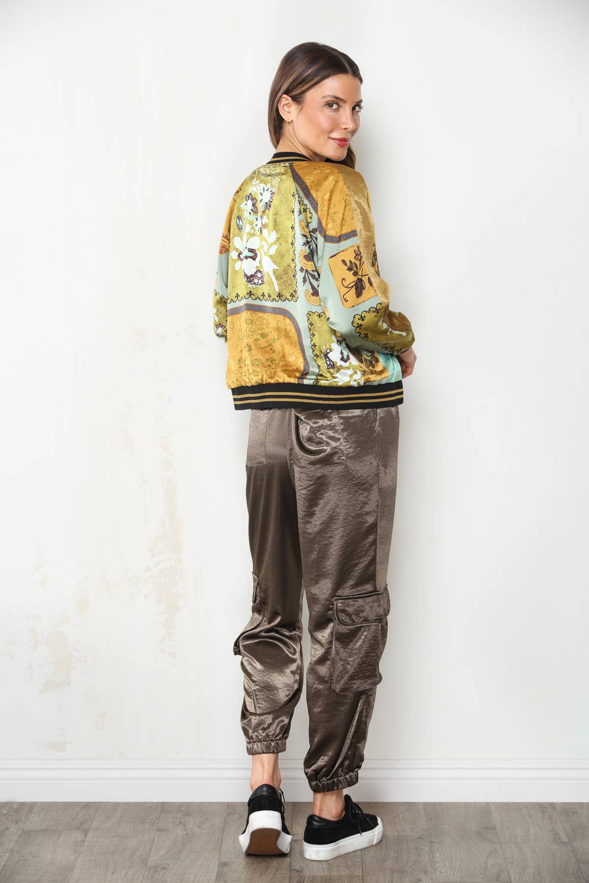 PRE ORDER AUG 7-12 Reversible Patchwork Hammered Satin Bomber Jacket