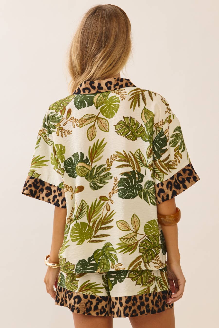Palm and Leopard Button-up Top Matching Shorts Set