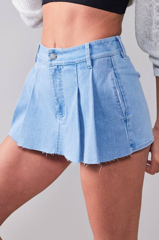 Light Blue Pleated Denim Mini Skort