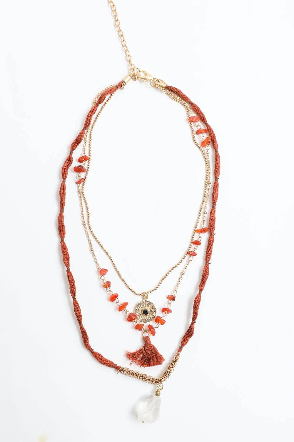 Carnelian & Crystal Pendant Multi Layered Necklace
