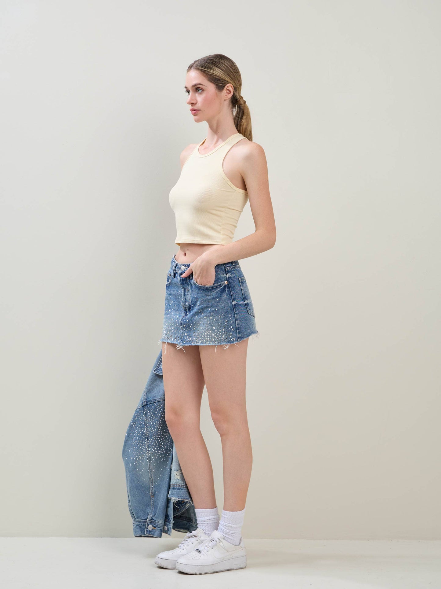 EMBELLISHED RHINESTONE DENIM MINI SKIRT