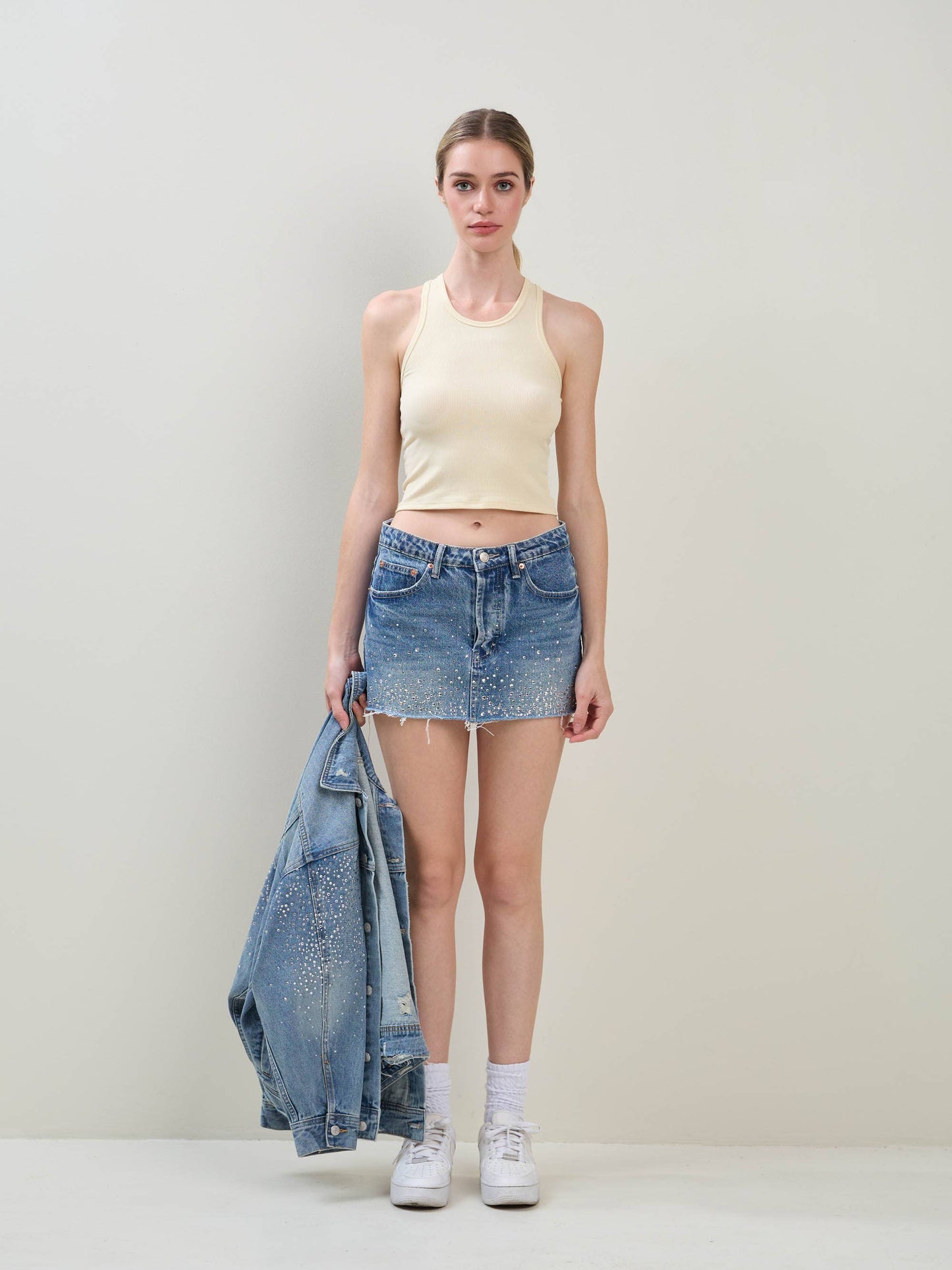 EMBELLISHED RHINESTONE DENIM MINI SKIRT
