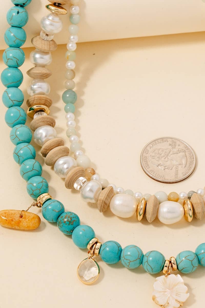 Shell Flower Pendant Mixed Beaded Layered Necklace