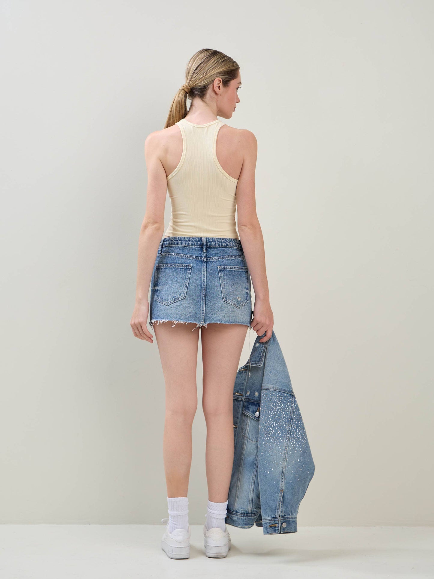 EMBELLISHED RHINESTONE DENIM MINI SKIRT