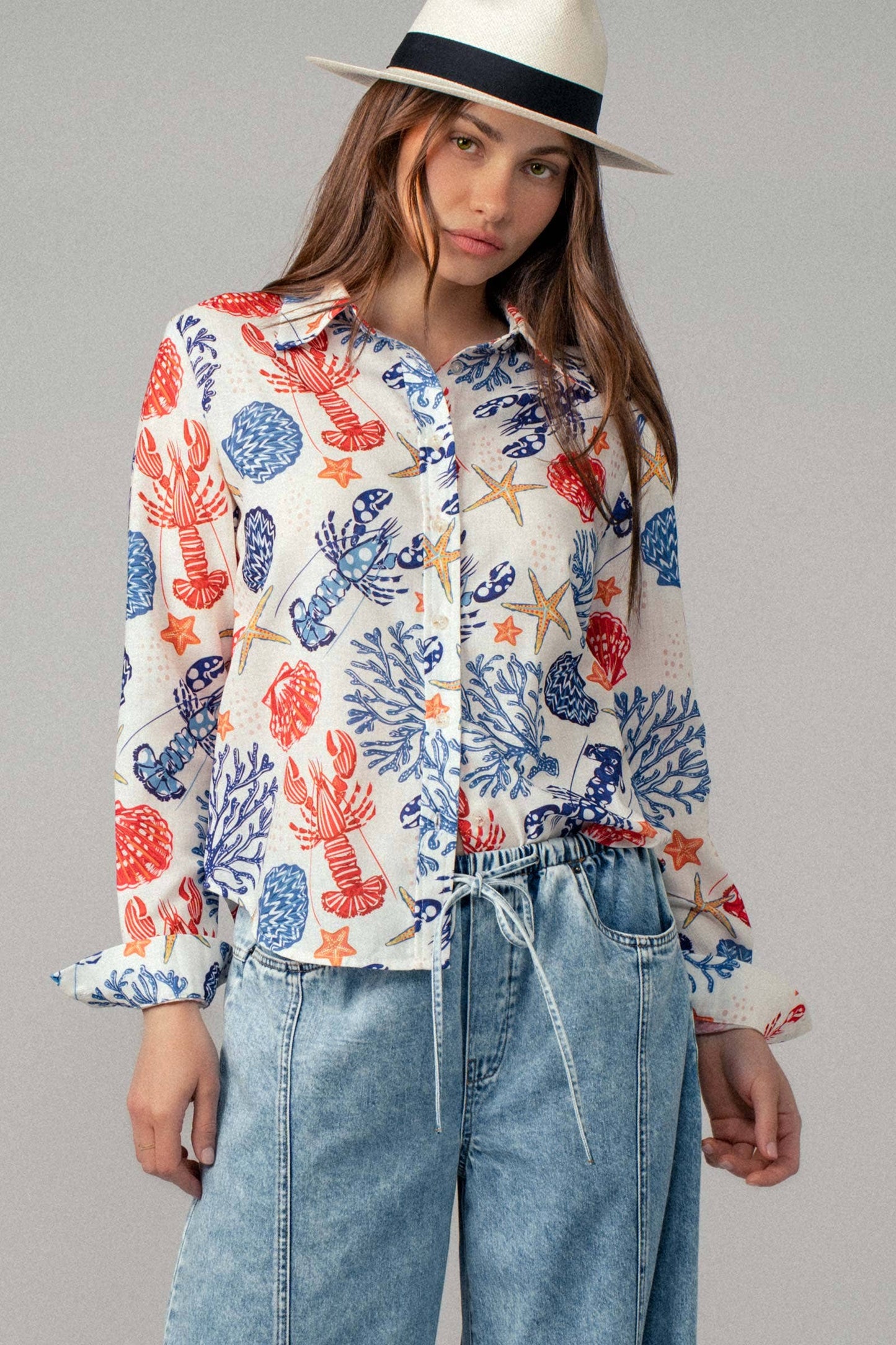 Ocean Shell & Lobster Print Relaxed Summer Shirt