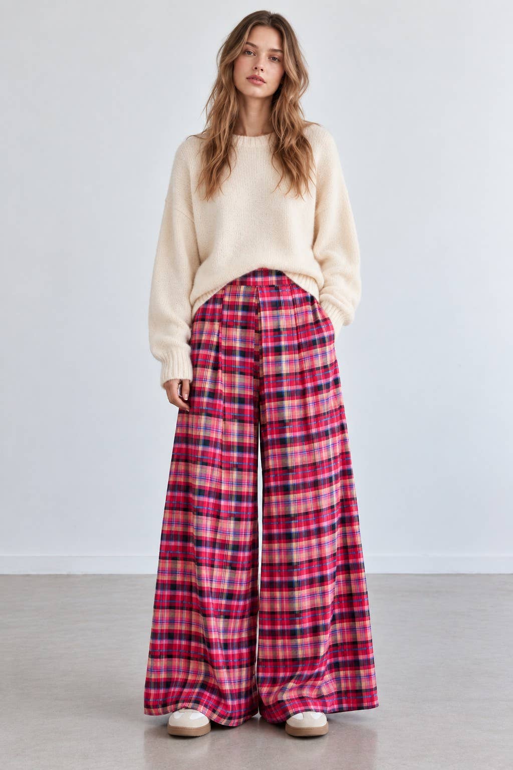 PLAID WIDE LEG PANTS