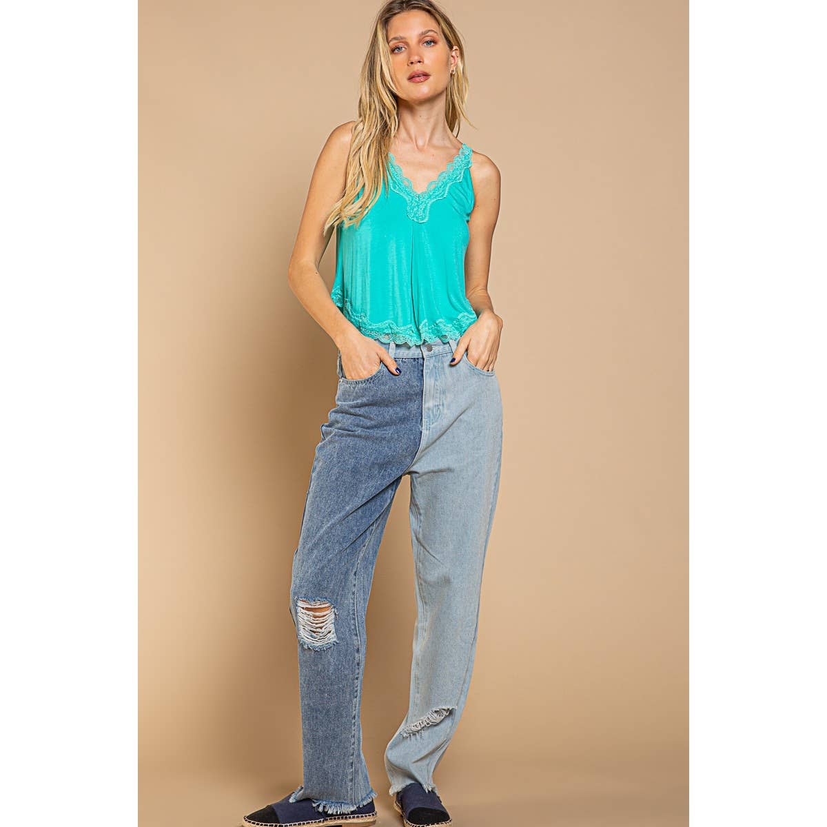 Distressed Edge Color Block Denim Pants