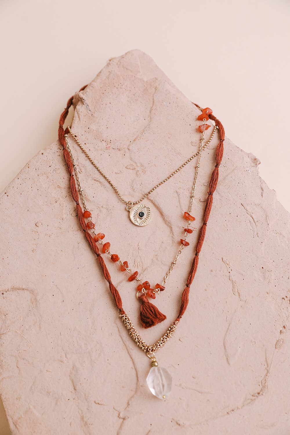 Carnelian & Crystal Pendant Multi Layered Necklace