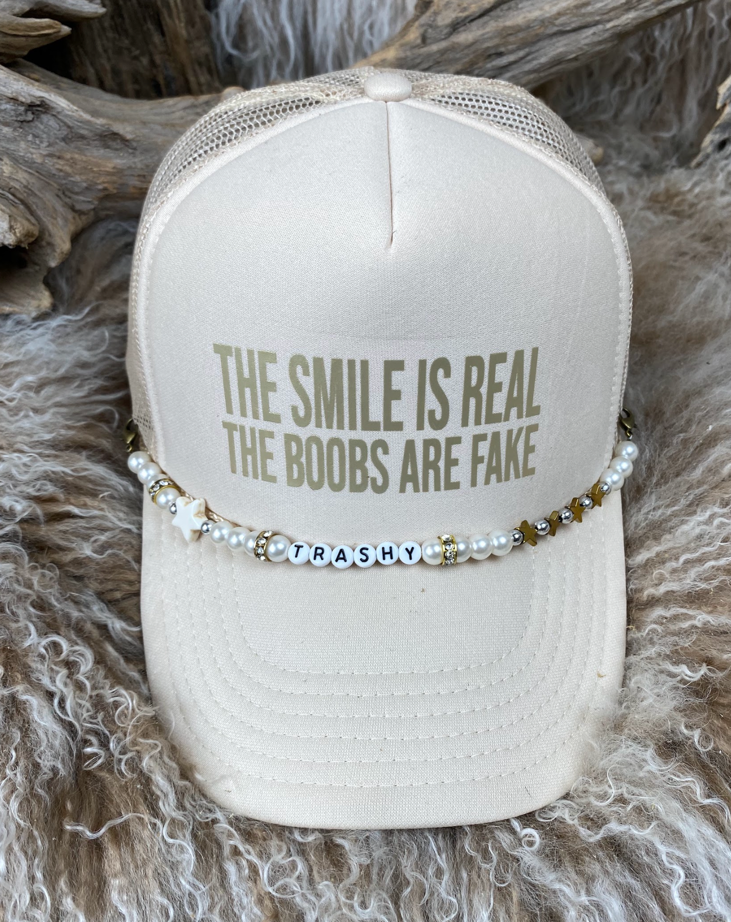 Trucker Ballcap with Beads- The Smile is Real the Boobs are Fake