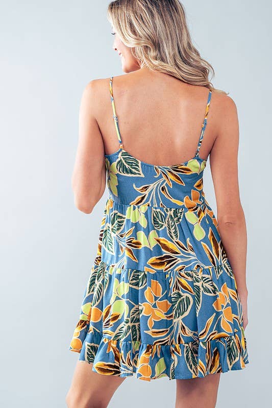 Tropical Leaf Print Tiered Mini Dress