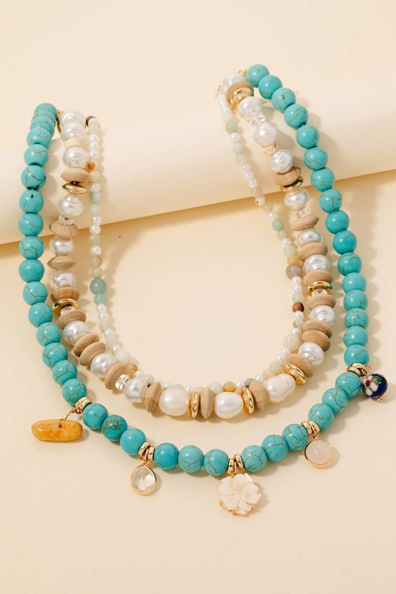 Shell Flower Pendant Mixed Beaded Layered Necklace