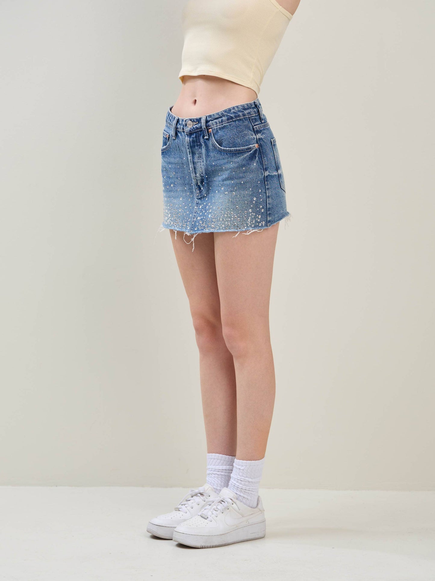 EMBELLISHED RHINESTONE DENIM MINI SKIRT