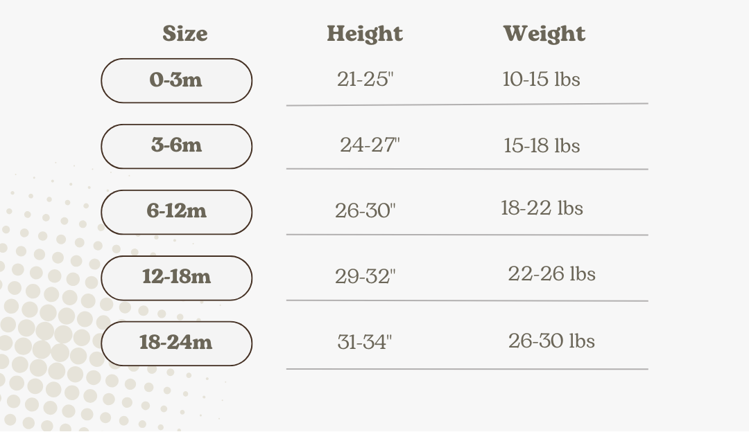 Size chart for goosies flutter bubble with baby romper illustration