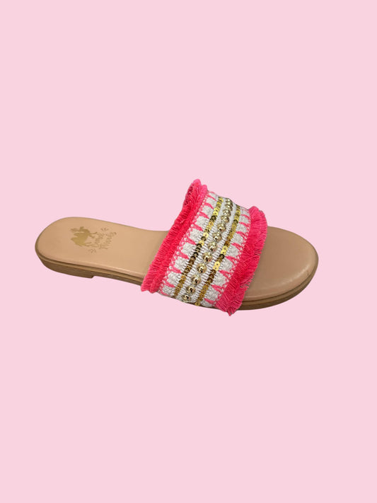 Fringe Pink and Gold Sequin Slide on Sandals