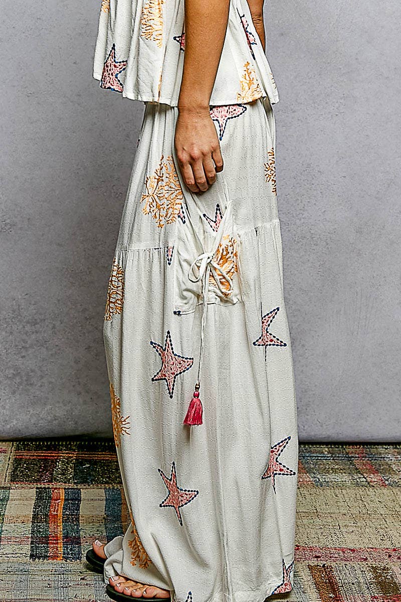 Star Embroidery Tassel Pocket Wide Leg Flowy Pants and Tank