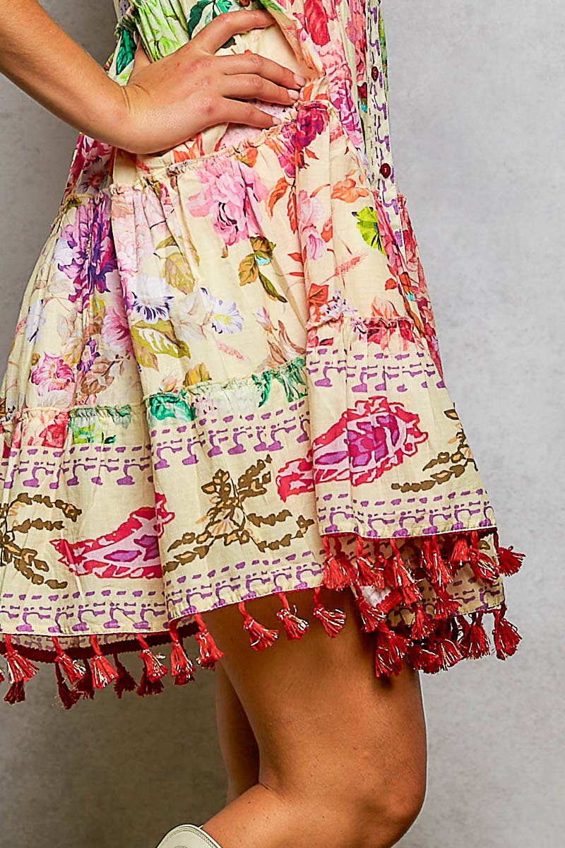 Cotton Button Closure Floral Tassel Bead Sleeveless Dress