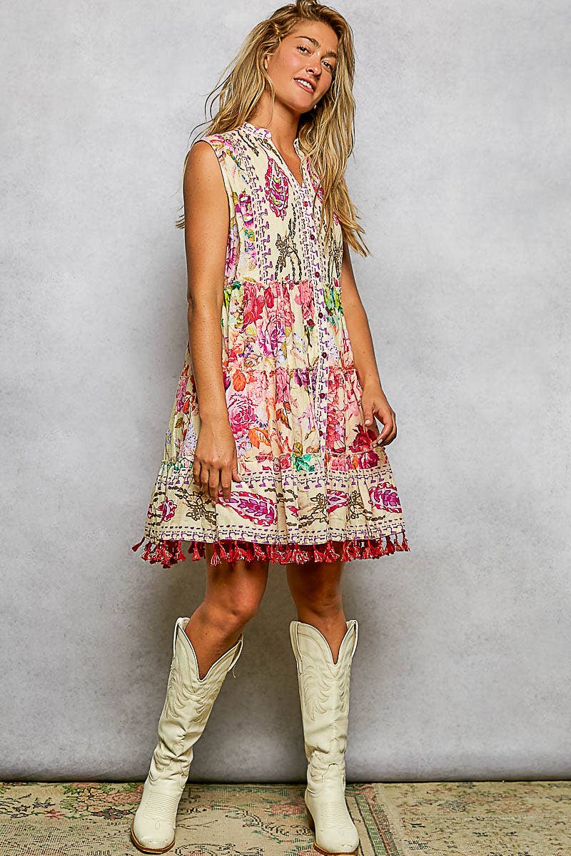Cotton Button Closure Floral Tassel Bead Sleeveless Dress