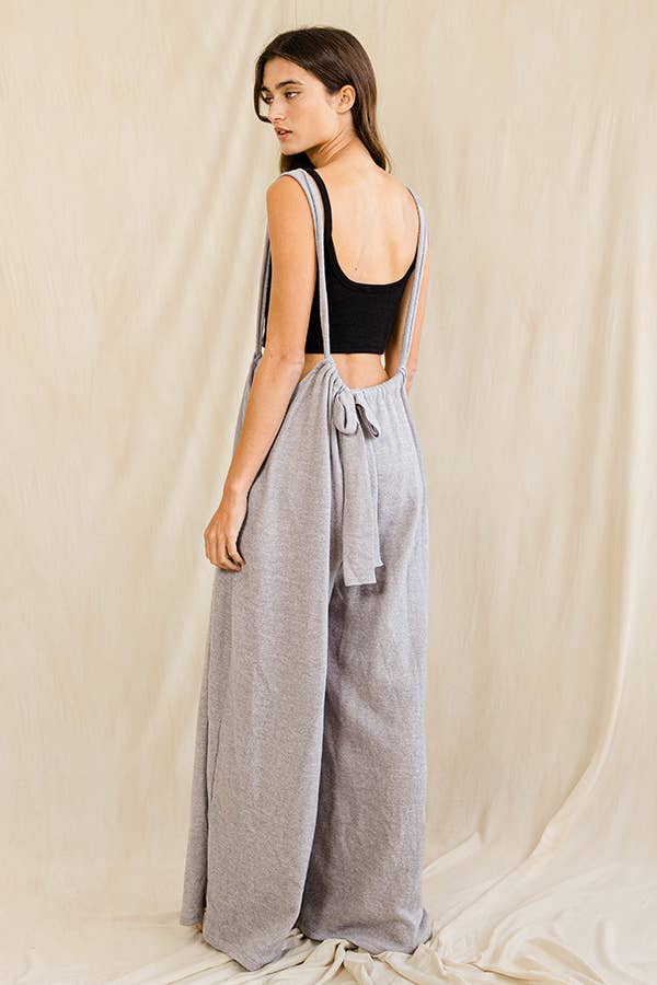 Grey Wide Leg Solid Brushed Knit Adjustable Length Jumpsuit