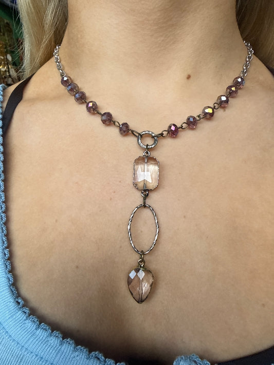 Purple Bead Clear Drop Necklace