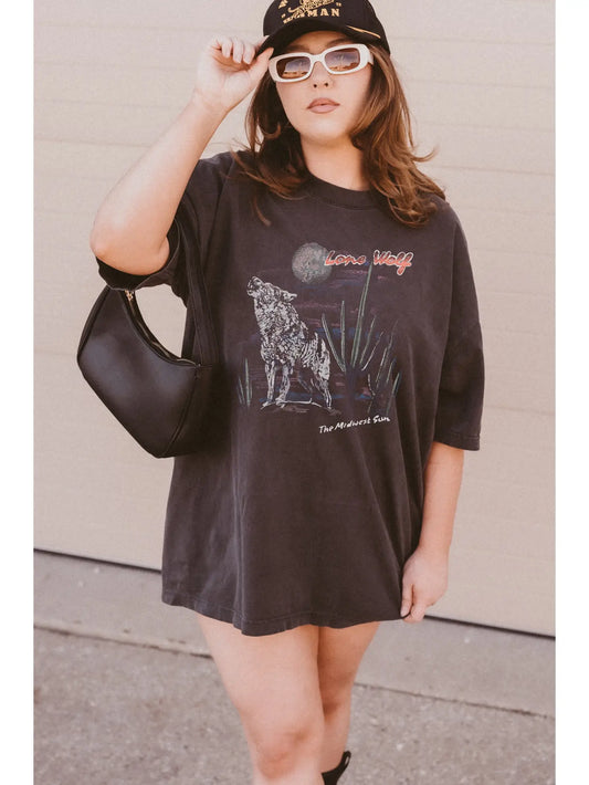 Lone Wolf Boho Desert Oversized Graphic Tee - Smoke