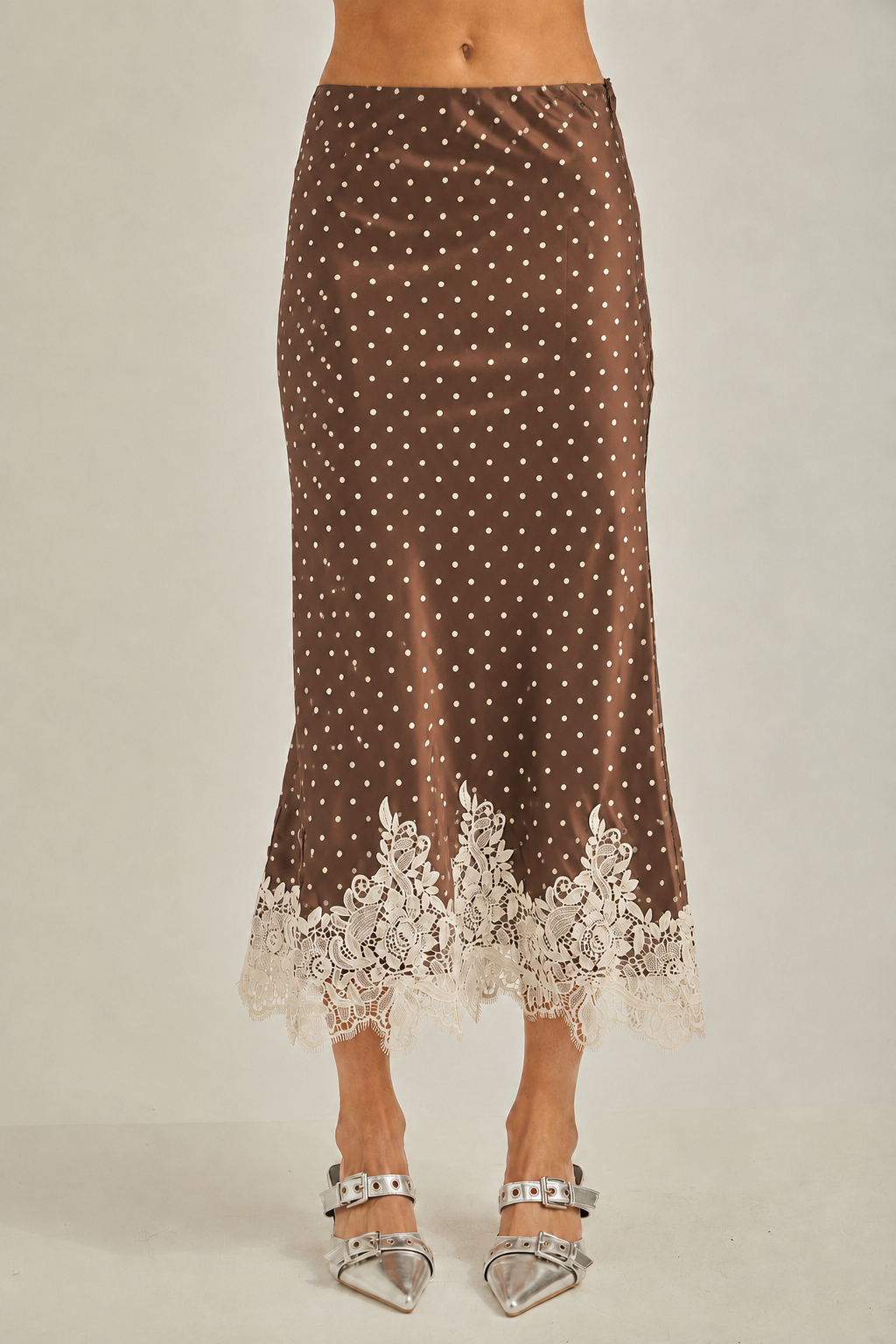 Polkadot with lace hem fit & flare bias midi skirt