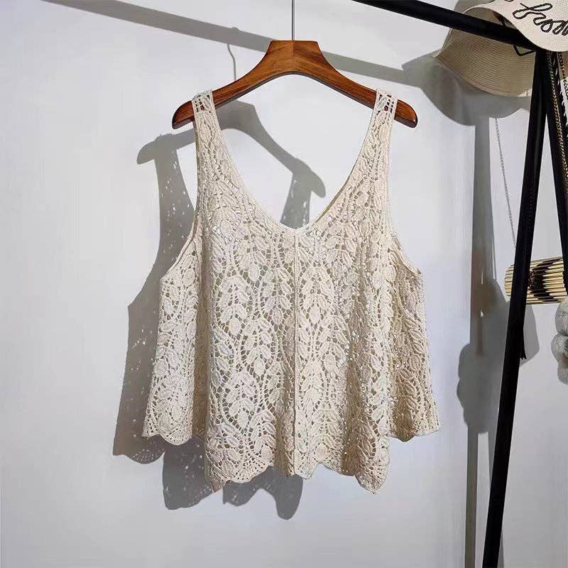 Crochet Hollow Knit Tank Top with Leaf Texture